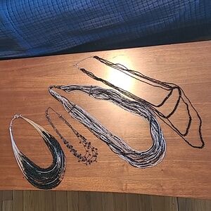 Lot Of 4 Black and Silver Beaded Necklaces